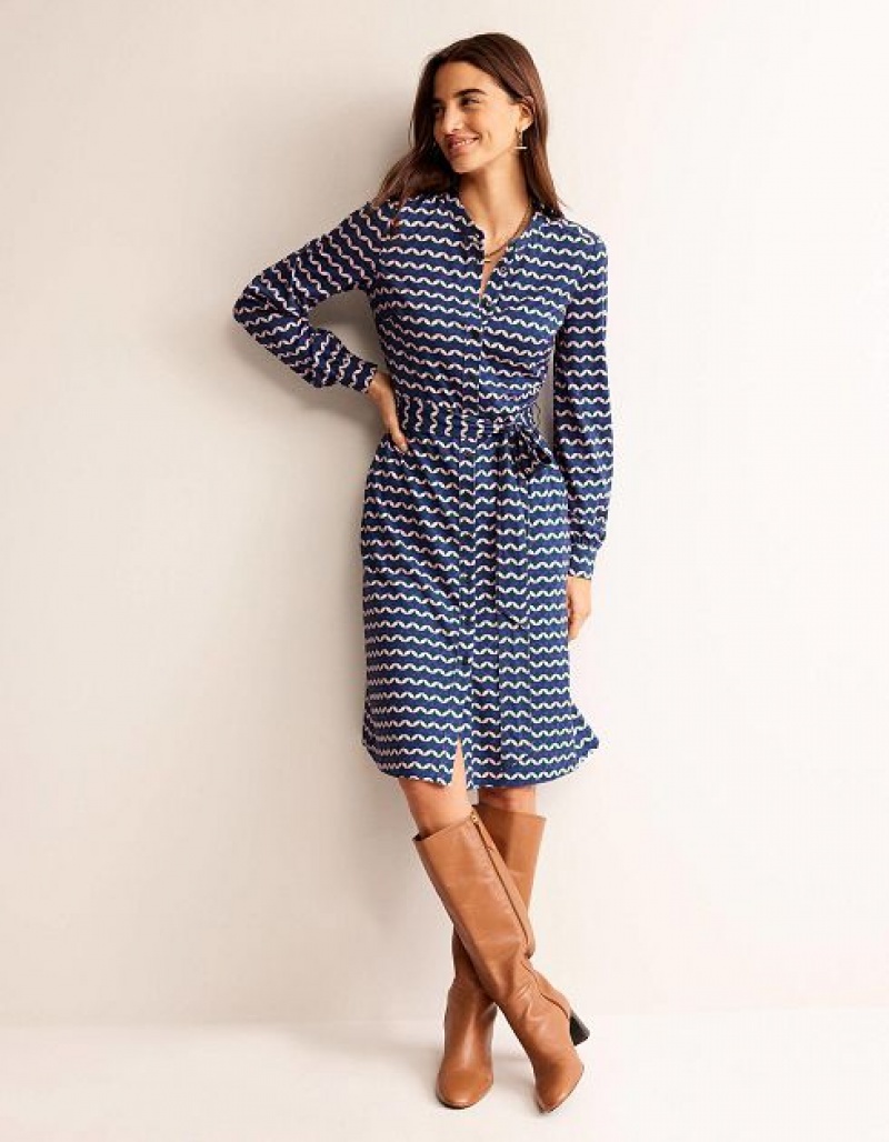 Blue / white Women's Boden Julia Jersey Shirt Dress | 27301VKXZ