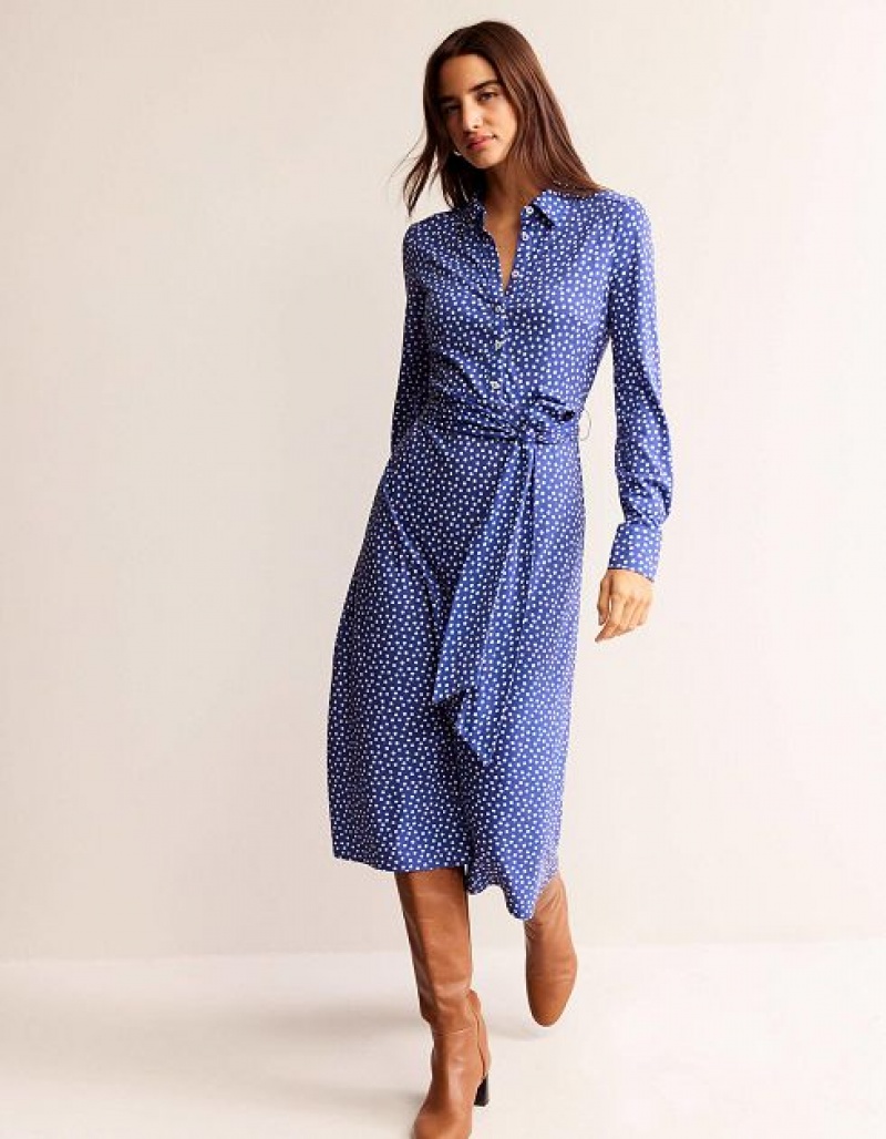 Blue / white Women's Boden Laura Jersey Midi Shirt Dress | 82059KMHL