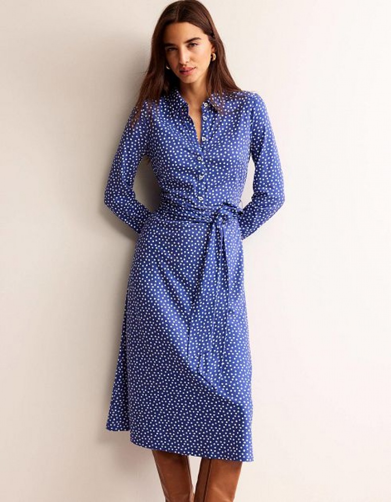 Blue / white Women's Boden Laura Jersey Midi Shirt Dress | 82059KMHL