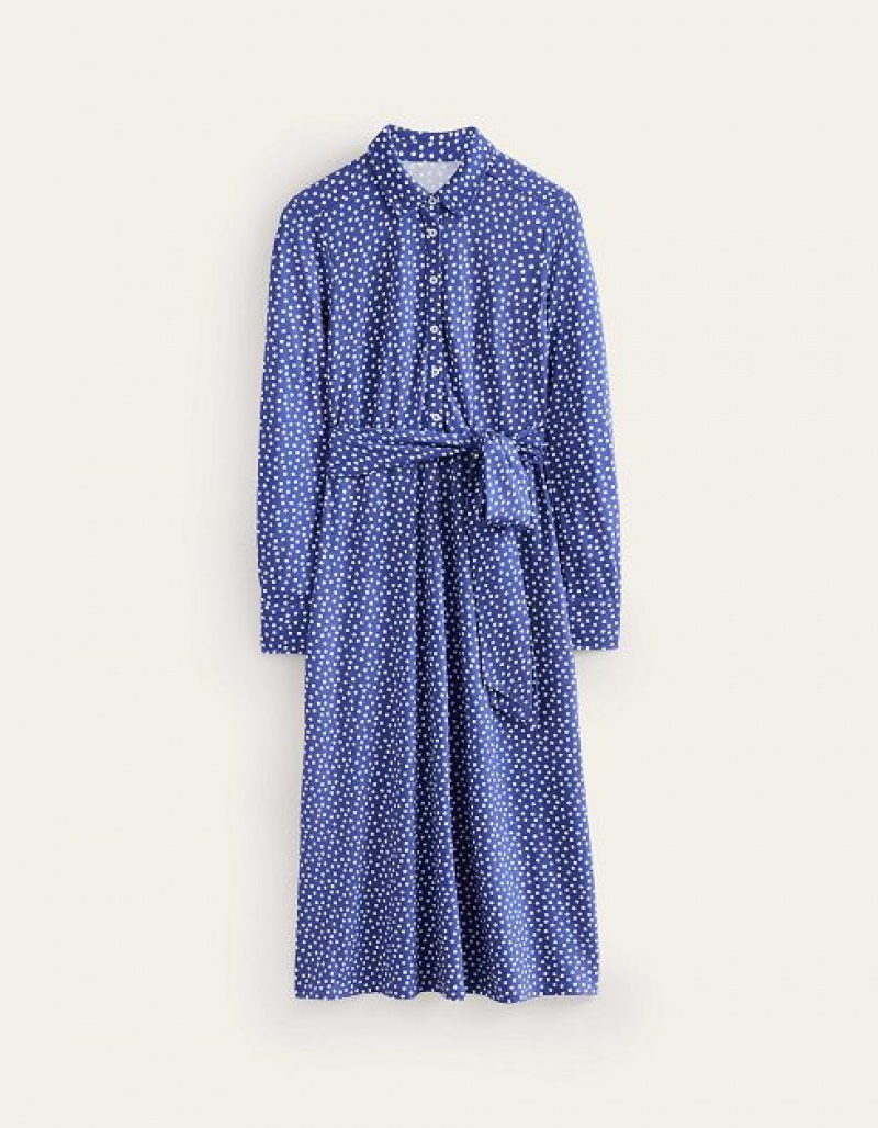 Blue / white Women's Boden Laura Jersey Midi Shirt Dress | 82059KMHL