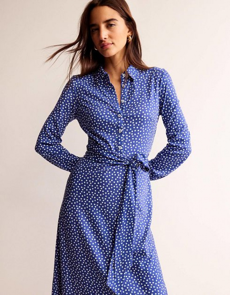 Blue / white Women\'s Boden Laura Jersey Midi Shirt Dress | 82059KMHL