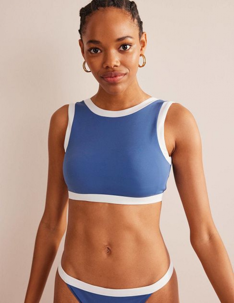 Blue / white Women's Boden Racer Crew Neck Bikini Tops | 18405GOCZ