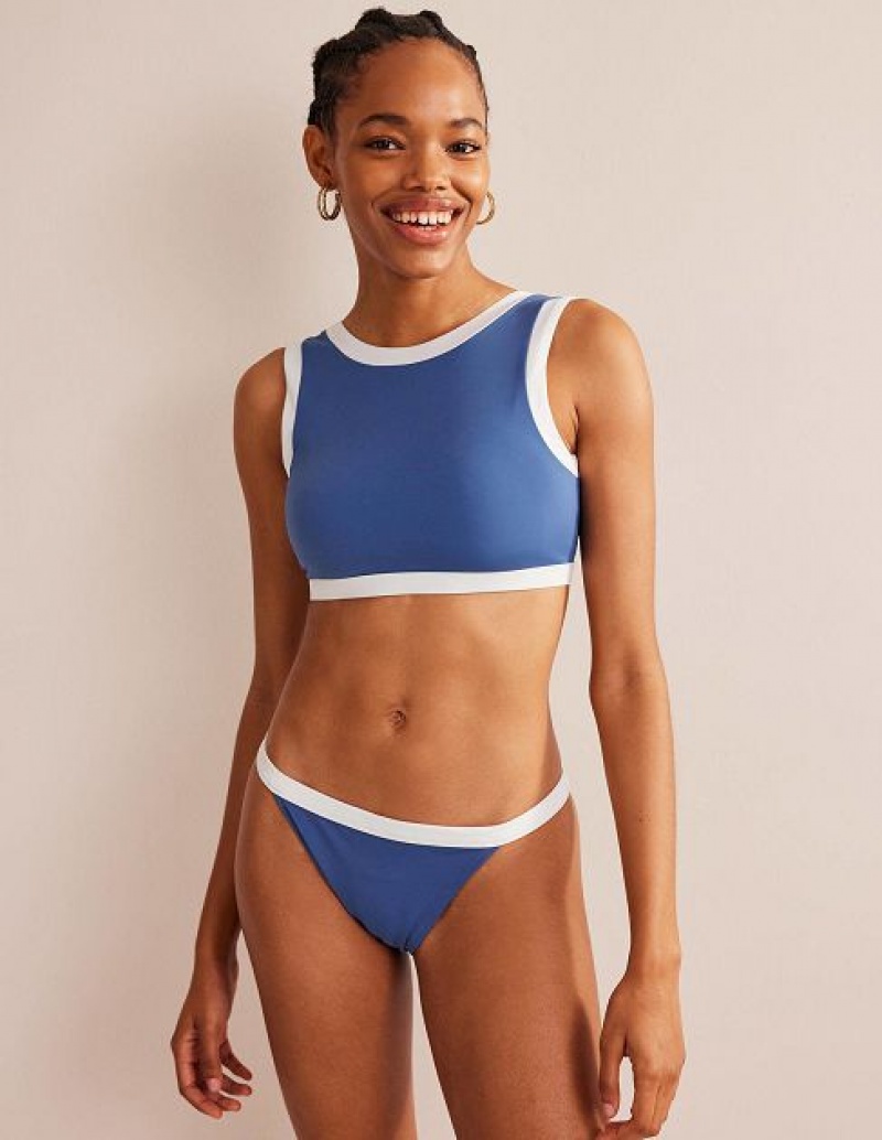 Blue / white Women\'s Boden Racer Crew Neck Bikini Tops | 18405GOCZ