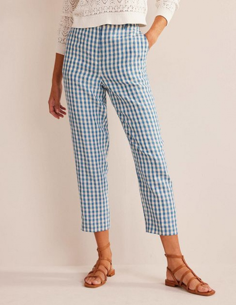 Blue / white Women's Boden Tapered Linen Pants | 30581AYBX