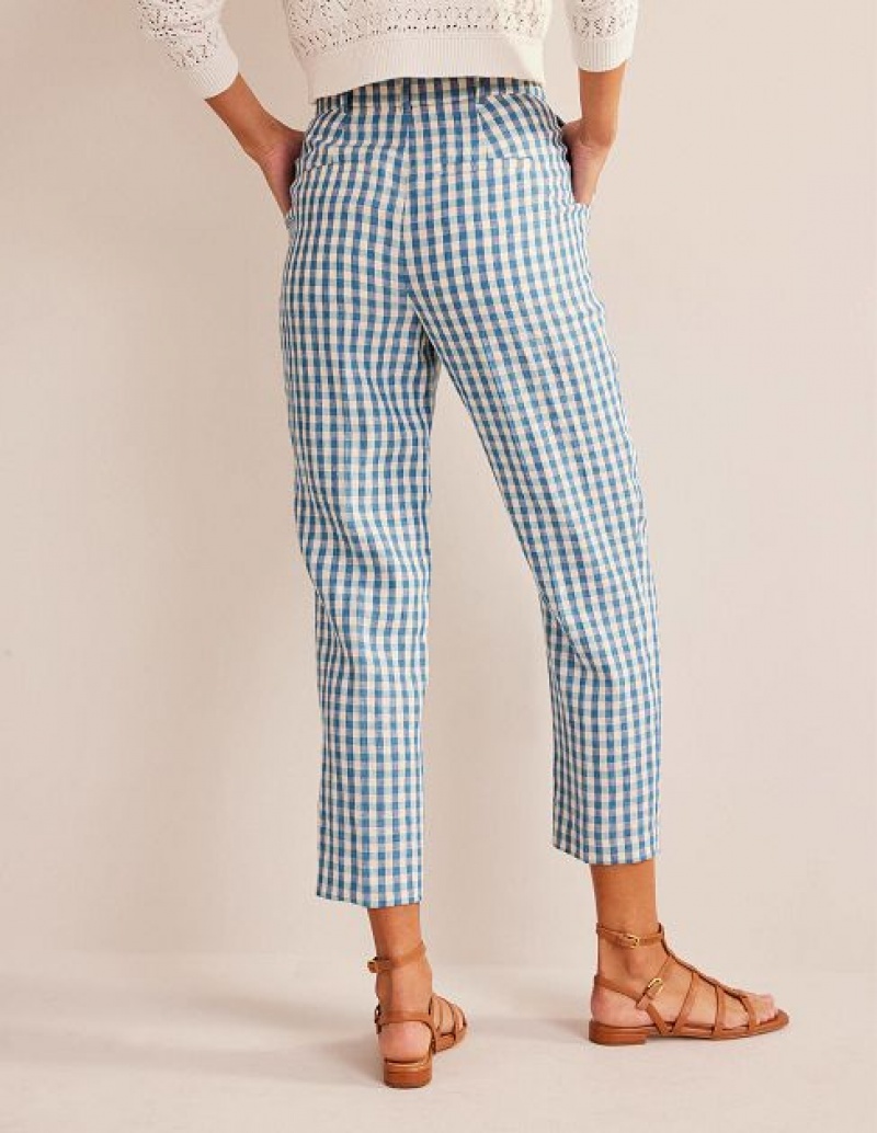 Blue / white Women's Boden Tapered Linen Pants | 30581AYBX