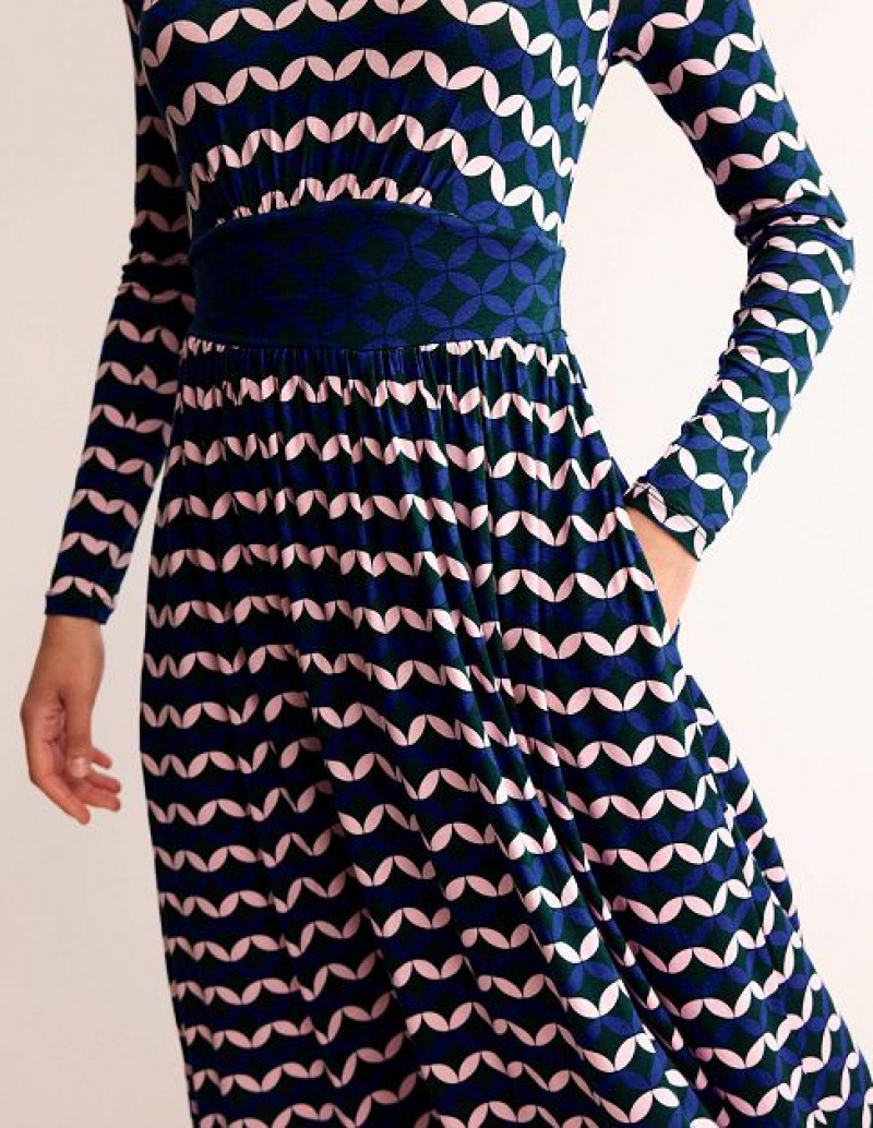 Blue / white Women's Boden Thea Long Sleeve Midi Dress | 64328ONDR