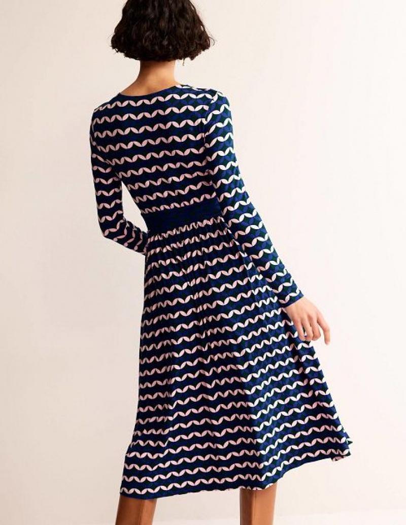 Blue / white Women's Boden Thea Long Sleeve Midi Dress | 64328ONDR