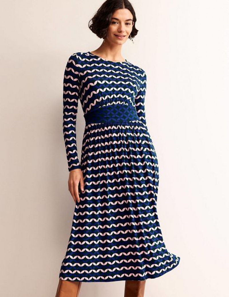 Blue / white Women's Boden Thea Long Sleeve Midi Dress | 64328ONDR