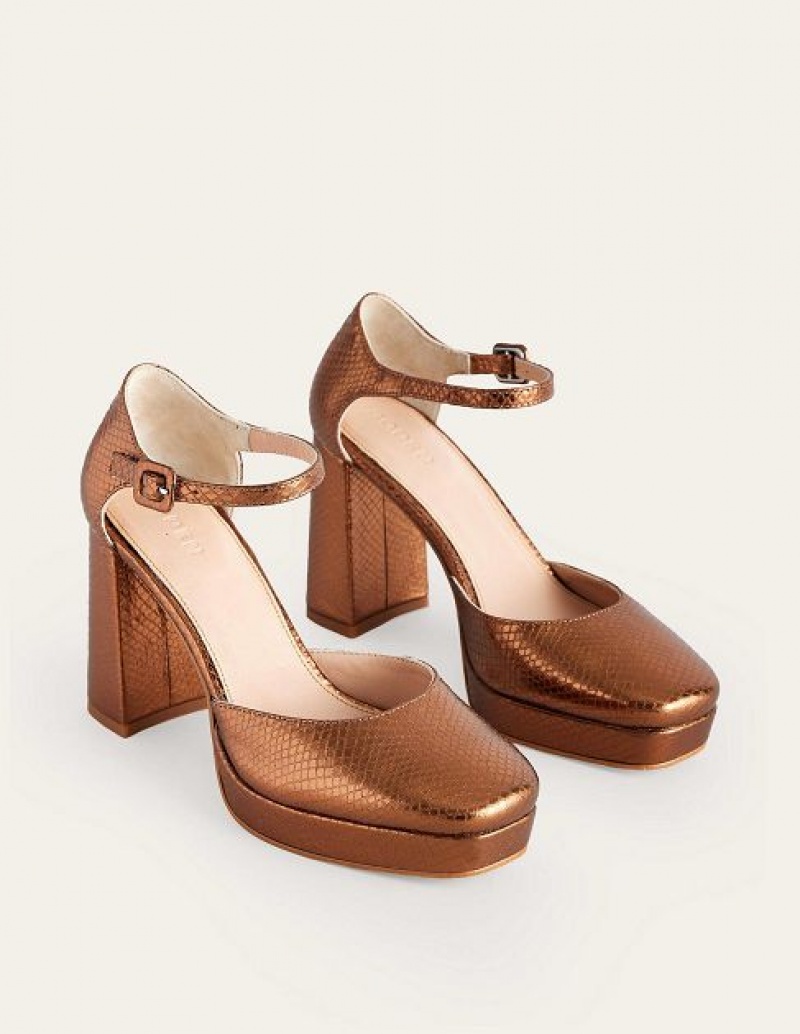 Brown Metal Snake Women's Boden Satin Platforms Heels | 87430LJIW