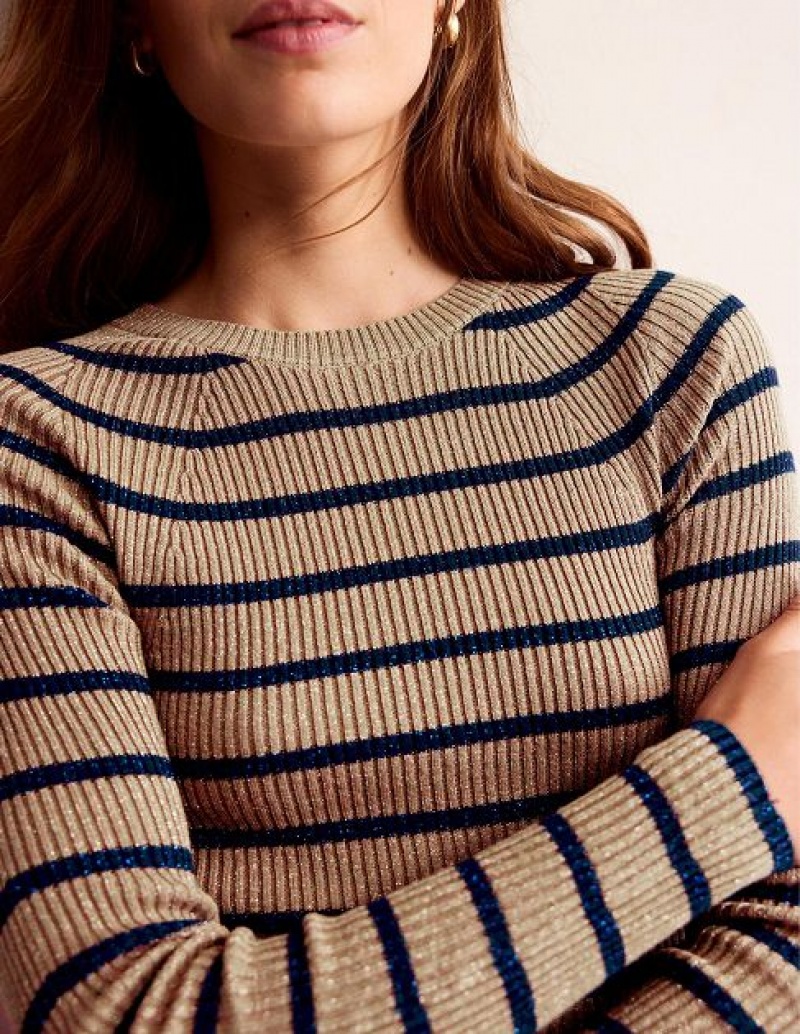 Brown Navy Stripes Women's Boden Effie Sparkle Stripe Sweaters | 82064XLDZ