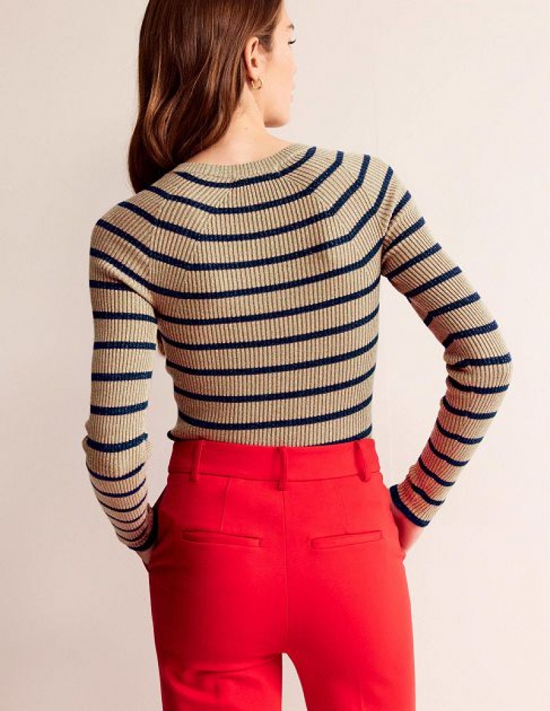 Brown Navy Stripes Women's Boden Effie Sparkle Stripe Sweaters | 82064XLDZ