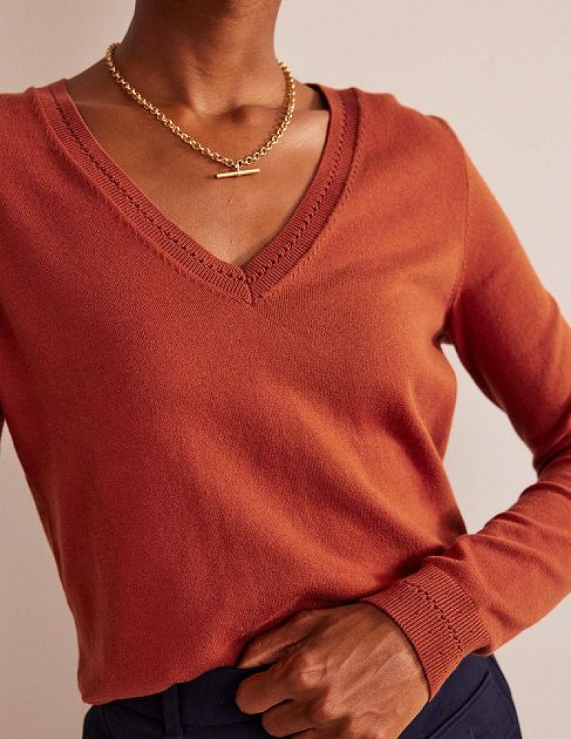 Brown Women's Boden Catriona Cotton V-neck Jumpers | 45701USJY