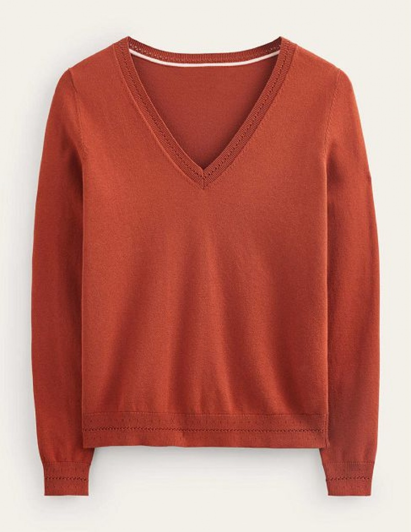 Brown Women's Boden Catriona Cotton V-neck Jumpers | 45701USJY