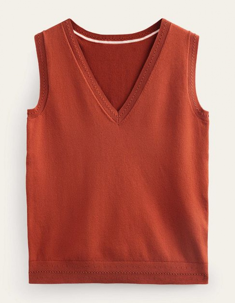 Brown Women's Boden Catriona Cotton V-neck Tanks | 46728TMCQ