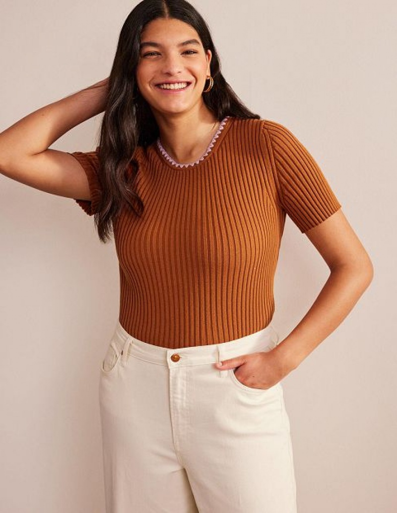 Brown Women's Boden Crochet-trim T-Shirt | 80614TXVO