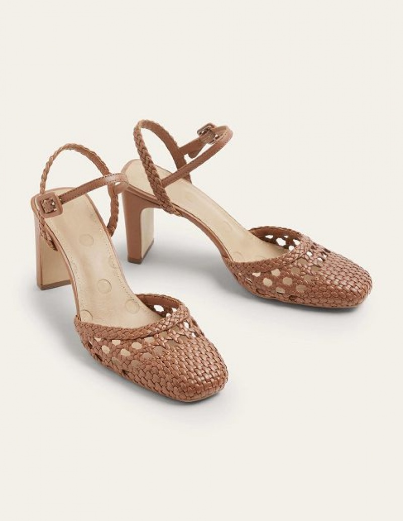 Brown Women's Boden Ellie Woven Slingback Heels | 08457LFPQ