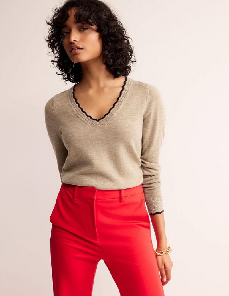 Brown Women's Boden Merino Scallop V-neck Sweaters | 94158RCXO