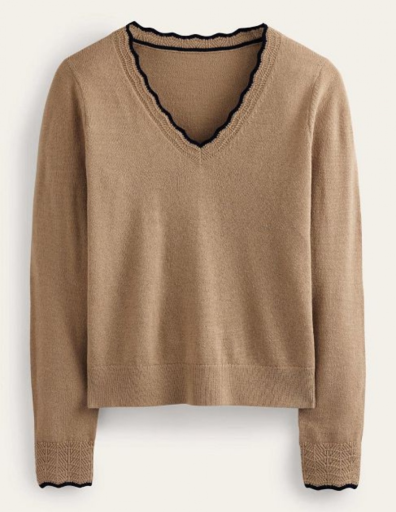 Brown Women's Boden Merino Scallop V-neck Sweaters | 94158RCXO