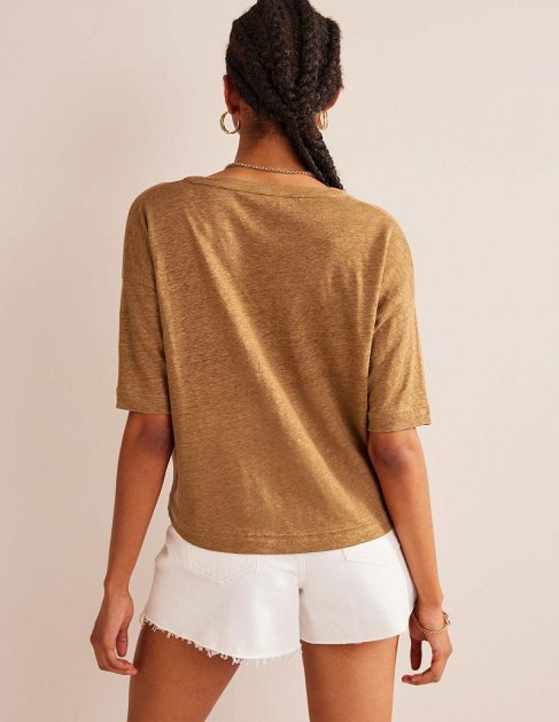 Brown Women's Boden Notch Neck Linen Henley Tops | 78409HPWQ