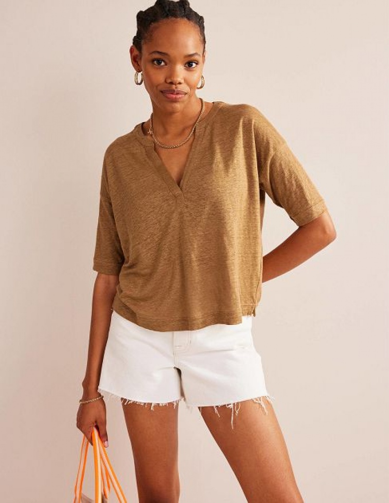 Brown Women's Boden Notch Neck Linen Henley Tops | 78409HPWQ