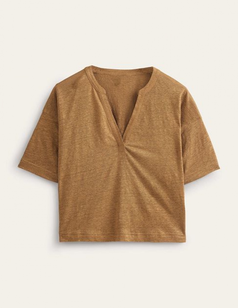 Brown Women's Boden Notch Neck Linen Henley Tops | 78409HPWQ