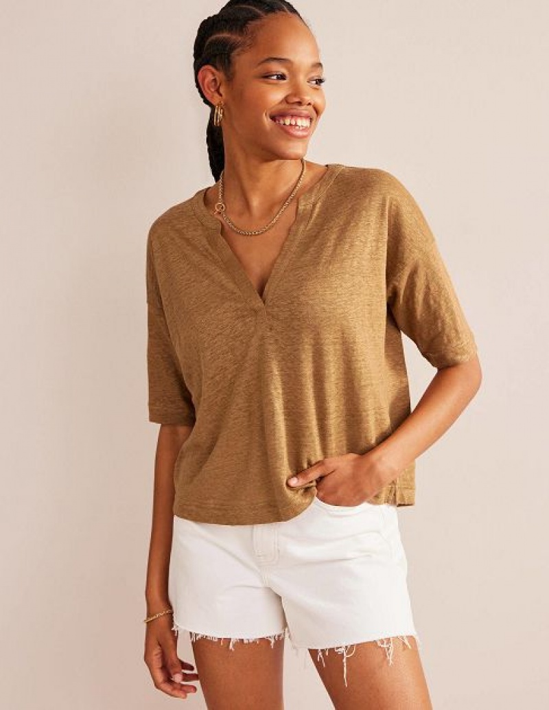 Brown Women\'s Boden Notch Neck Linen Henley Tops | 78409HPWQ