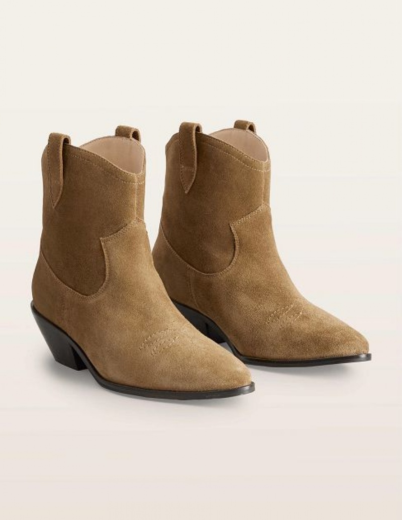 Brown Women's Boden Suede Western Low-heel Ankle Boots | 47536ZYBX