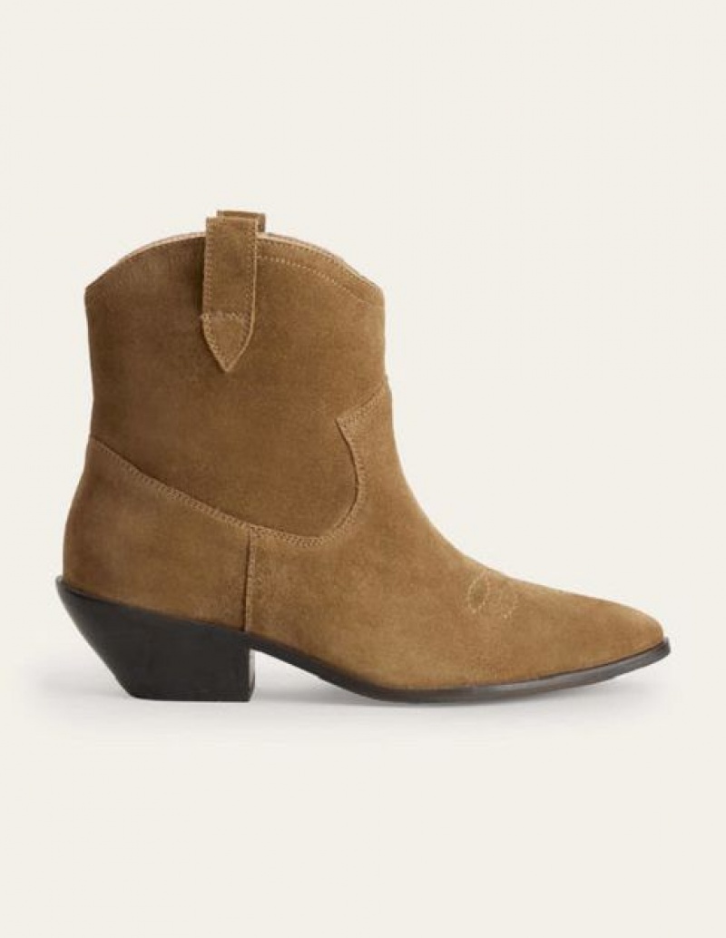 Brown Women's Boden Suede Western Low-heel Ankle Boots | 47536ZYBX