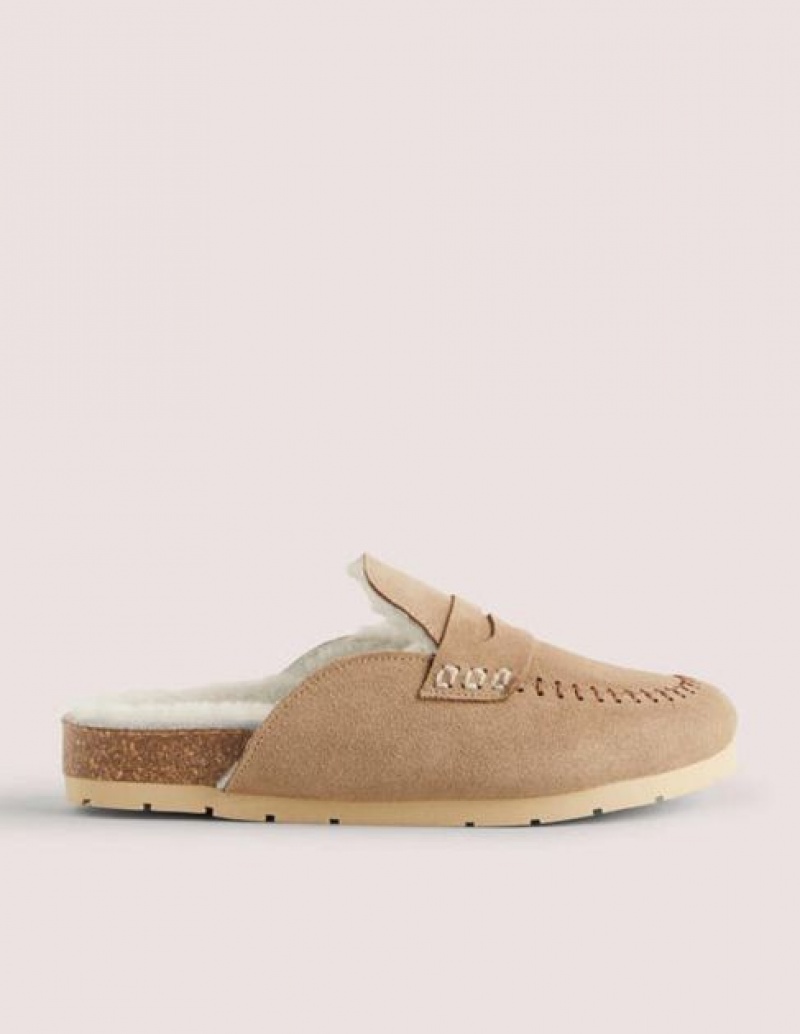 Brown / Beige Women's Boden Shearling Loafer Slippers | 72650PDHE