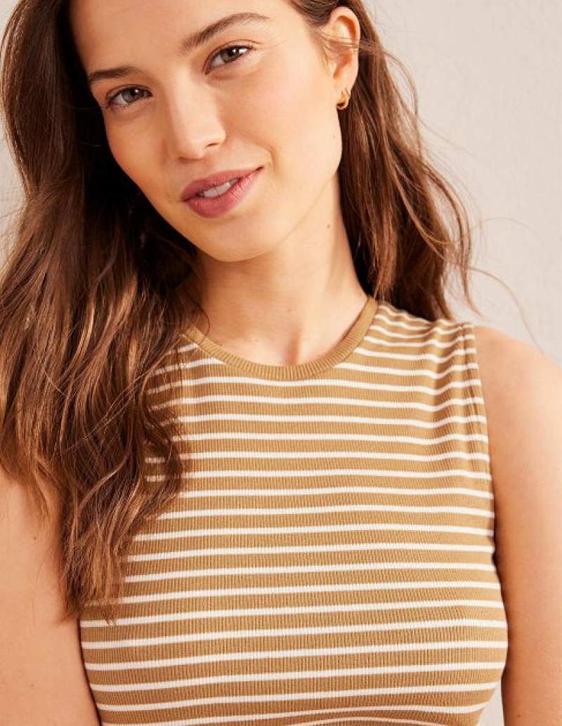 Brown / White Women's Boden Striped Ribbed Tanks | 92168JTAL