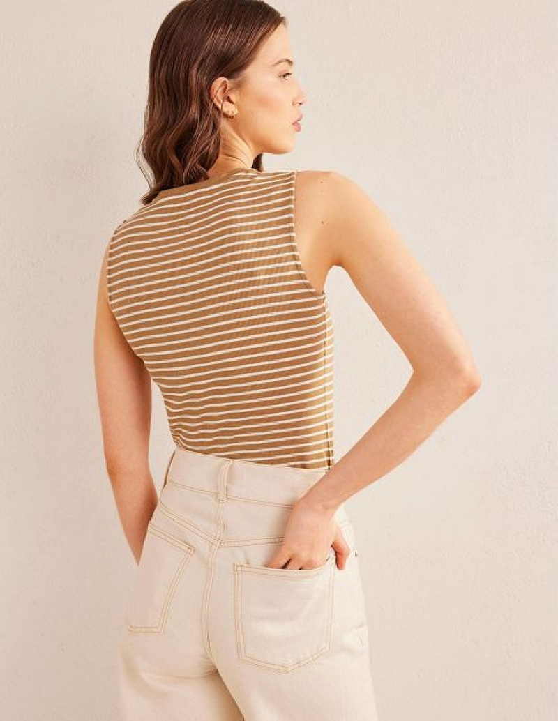 Brown / White Women's Boden Striped Ribbed Tanks | 92168JTAL