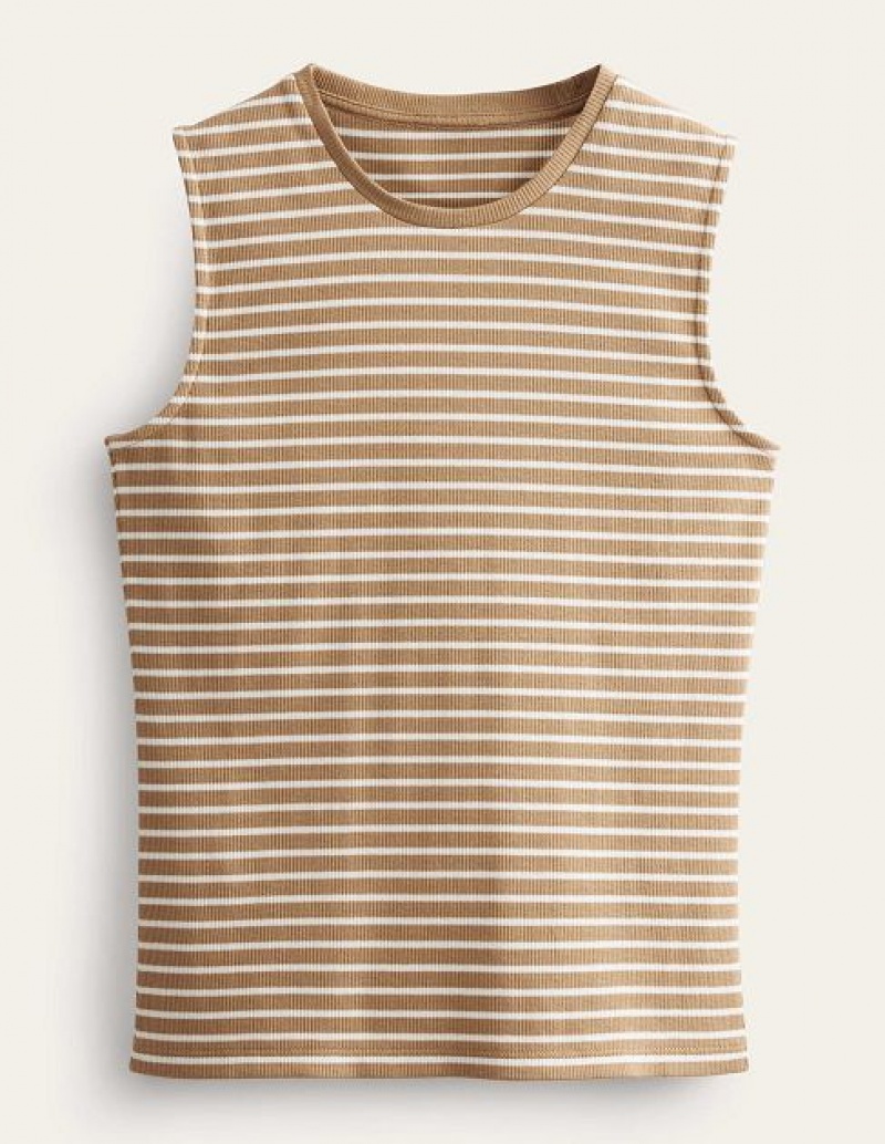 Brown / White Women's Boden Striped Ribbed Tanks | 92168JTAL