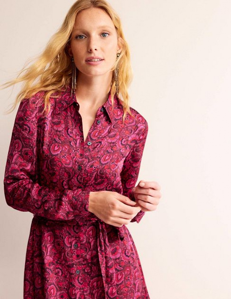 Burgundy Red Women's Boden Kate Satin Shirt Dress | 05186BEMF