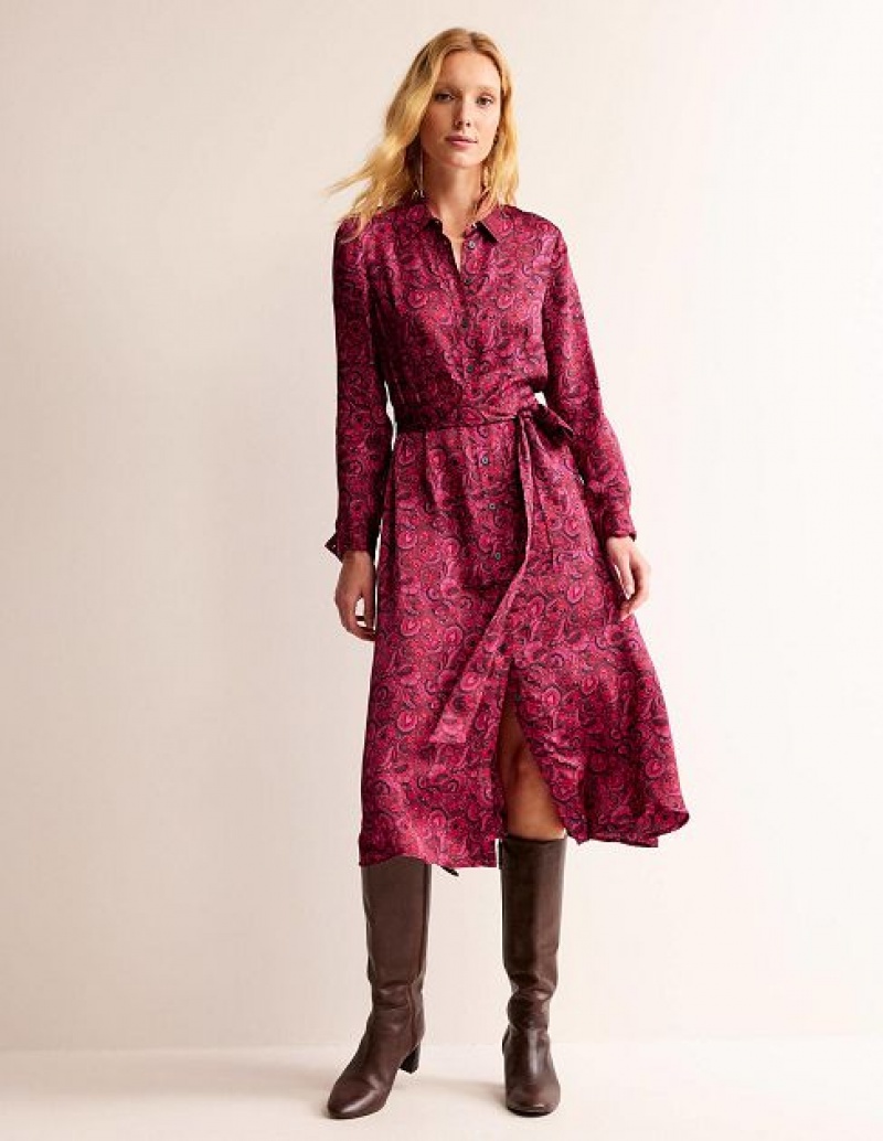 Burgundy Red Women\'s Boden Kate Satin Shirt Dress | 05186BEMF