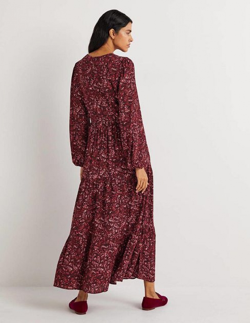 Burgundy Women's Boden Crew Neck Tiered Dress | 02987VNKP