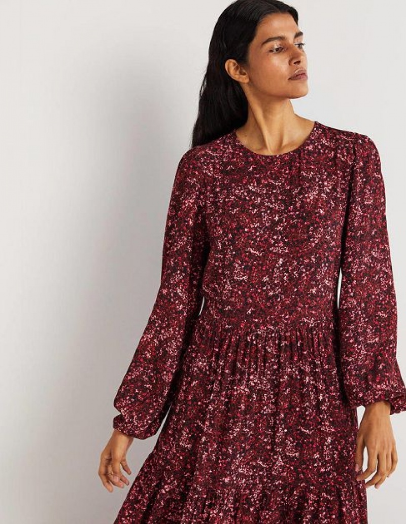 Burgundy Women's Boden Crew Neck Tiered Dress | 02987VNKP