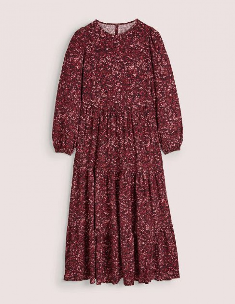 Burgundy Women's Boden Crew Neck Tiered Dress | 02987VNKP