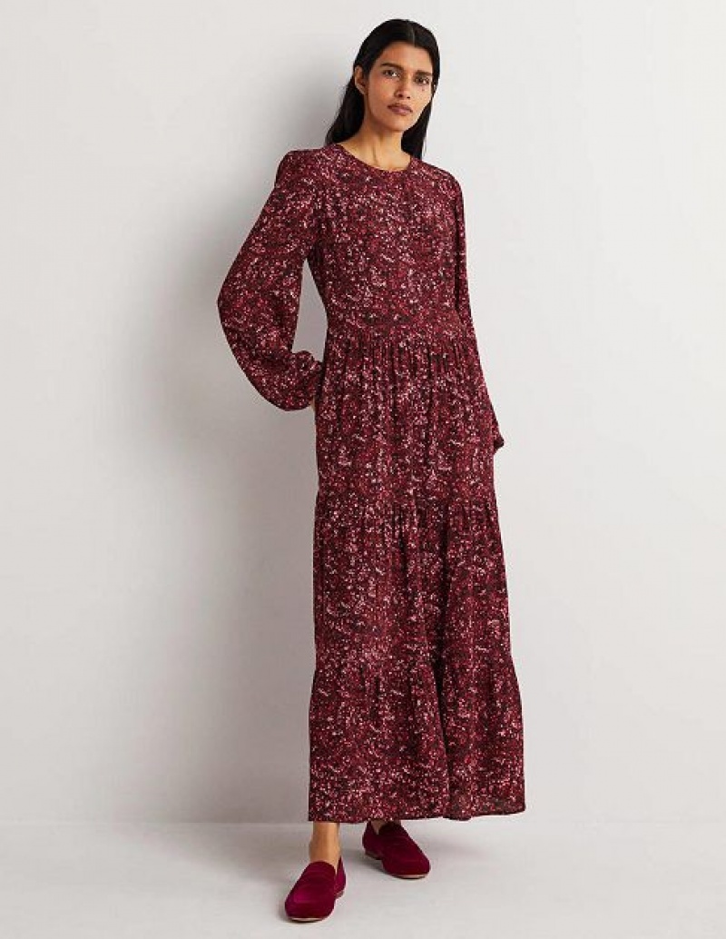 Burgundy Women\'s Boden Crew Neck Tiered Dress | 02987VNKP