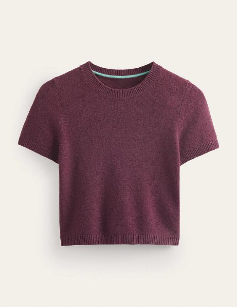 Burgundy Women's Boden Cropped Cashmere T-Shirt | 58290YWJN