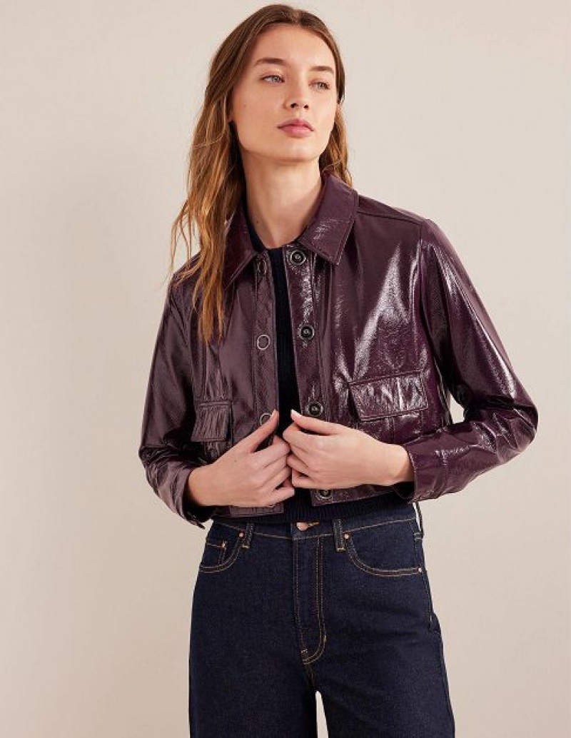 Burgundy Women's Boden Cropped Collared Jackets | 97164YMJZ