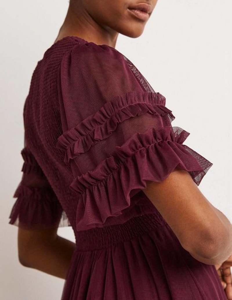 Burgundy Women's Boden Smocked Tulle Mini Dress | 52083NTUS