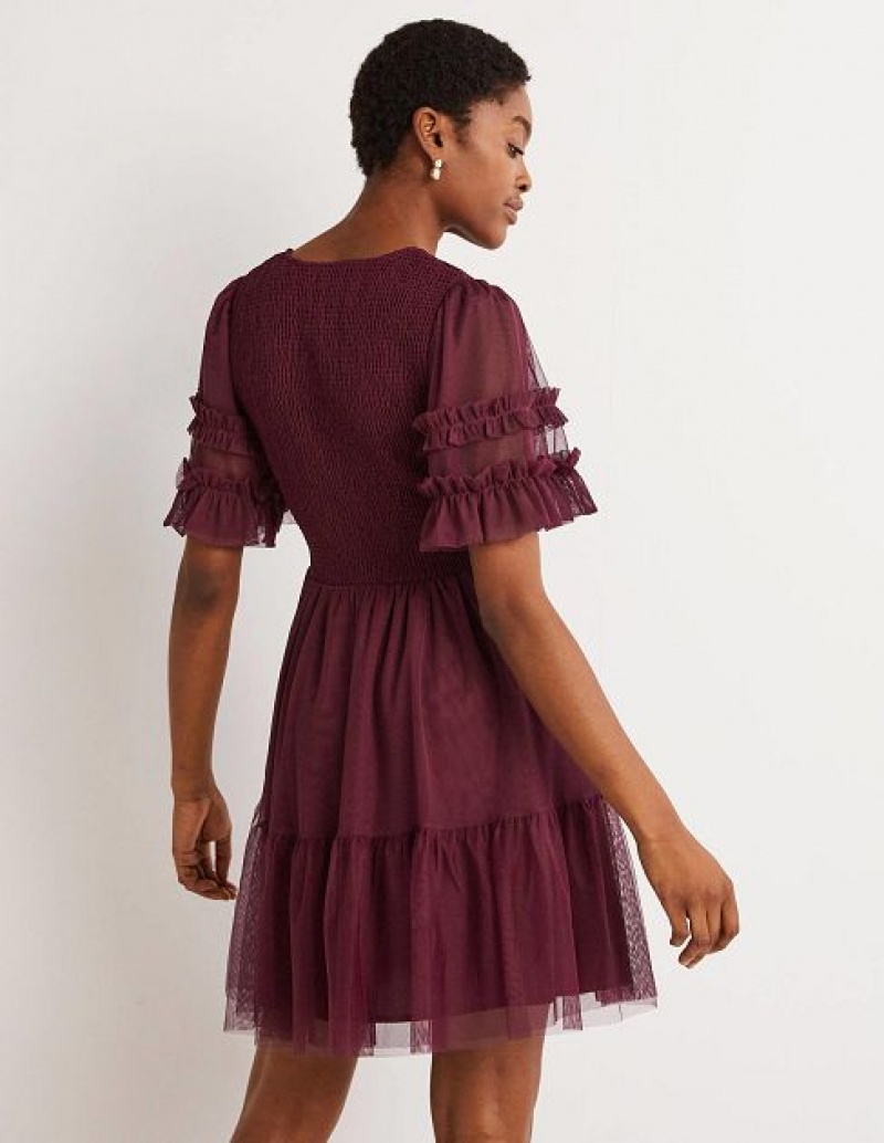 Burgundy Women's Boden Smocked Tulle Mini Dress | 52083NTUS