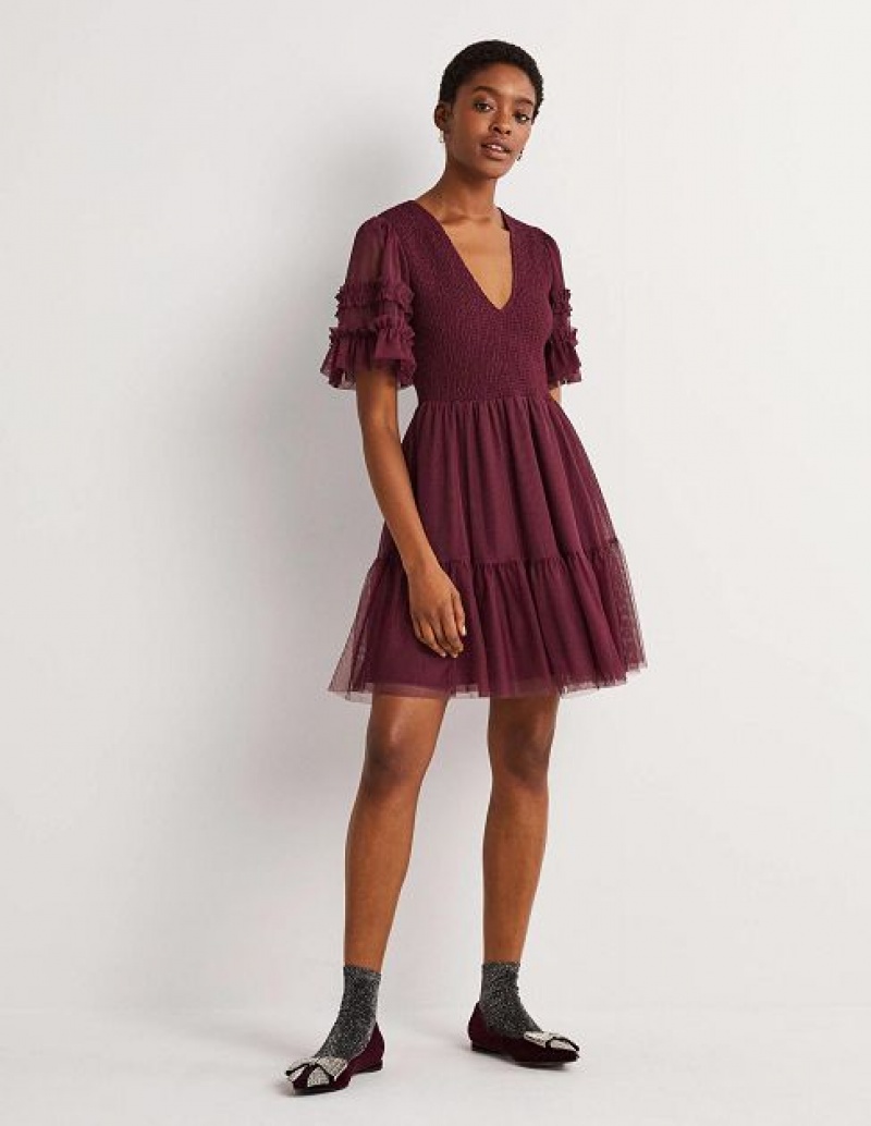 Burgundy Women's Boden Smocked Tulle Mini Dress | 52083NTUS