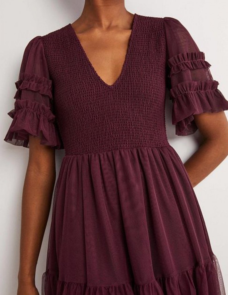 Burgundy Women's Boden Smocked Tulle Mini Dress | 52083NTUS