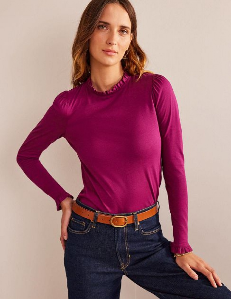 Burgundy Women's Boden Supersoft Frill Detail Tops | 73984HNSI