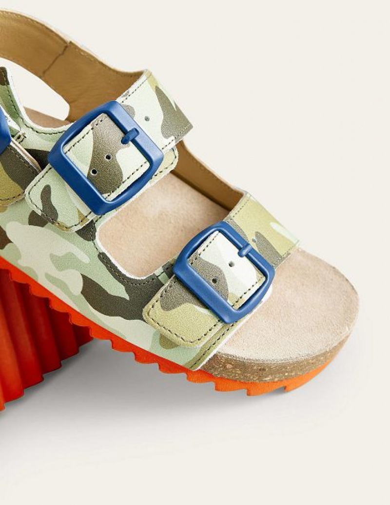 Camo Green Kids' Boden Leather Sandals | 18036NXCV