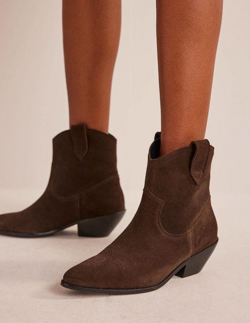 Chocolate Women's Boden Suede Western Low-heel Ankle Boots | 90784BACY