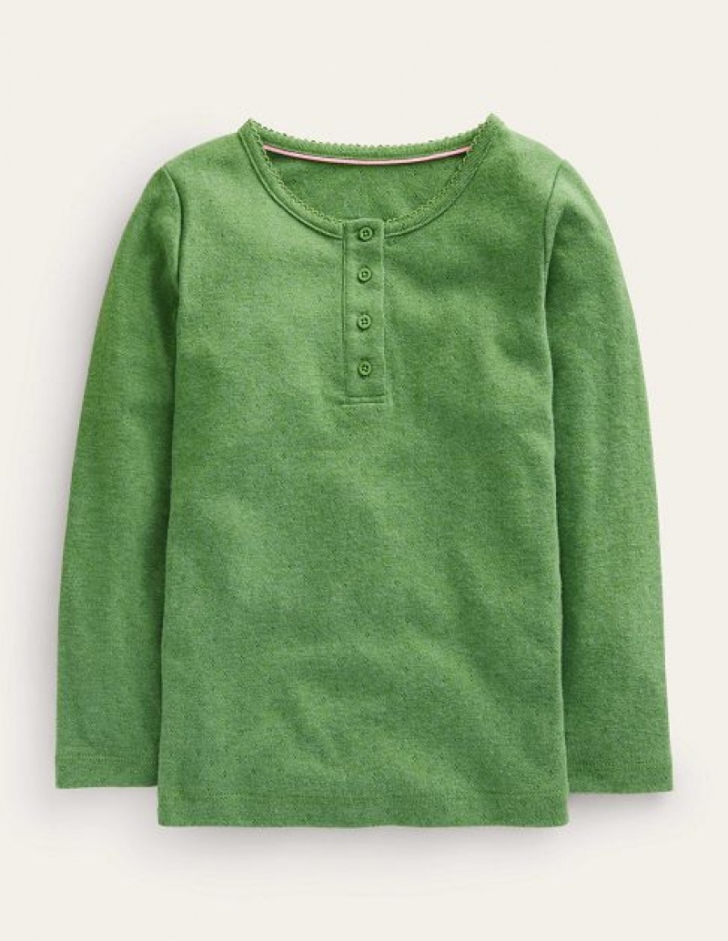 Dark Green Kids\' Boden Henley Pointelle Tops | 92416ZGEF