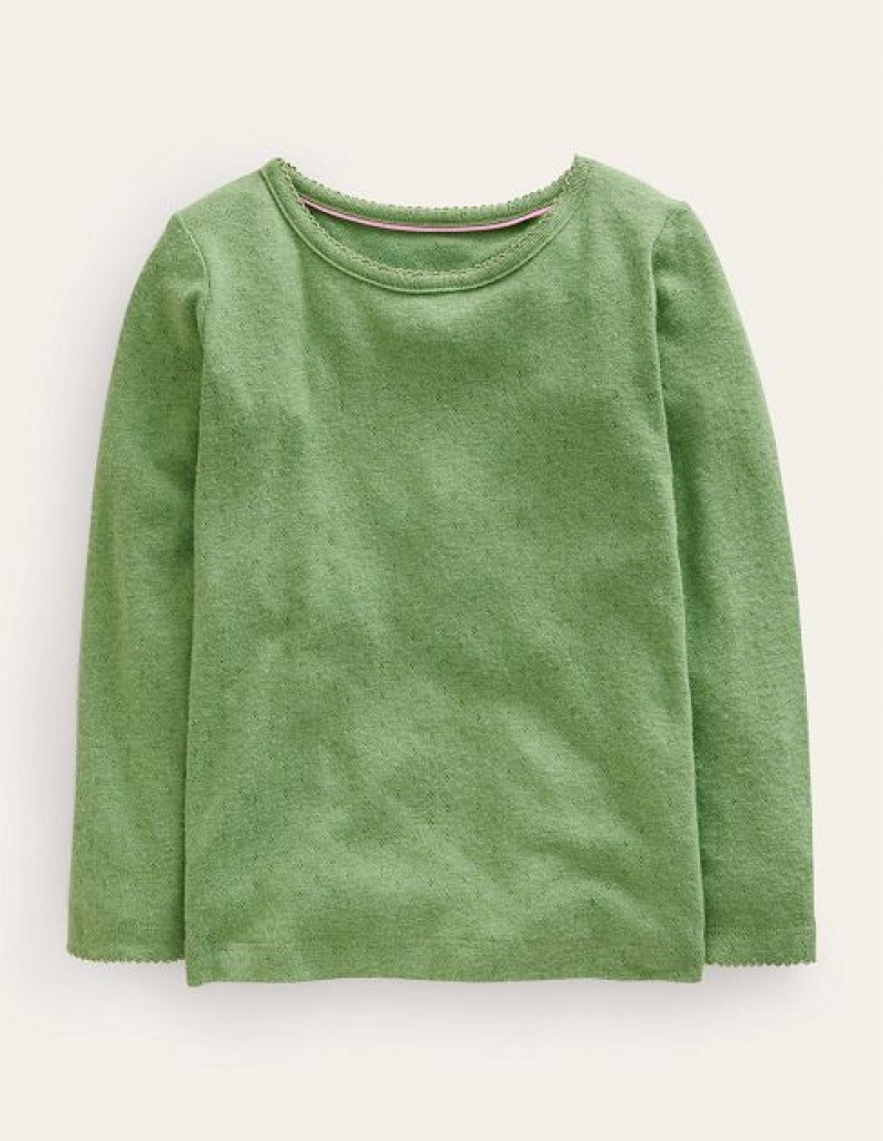 Dark Green Kids\' Boden Long Sleeve Pointelle Tops | 93206THQE