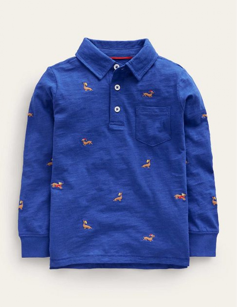 Deep Blue Kids\' Boden Embroidery Slub Polo Shirts | 61329XEIK